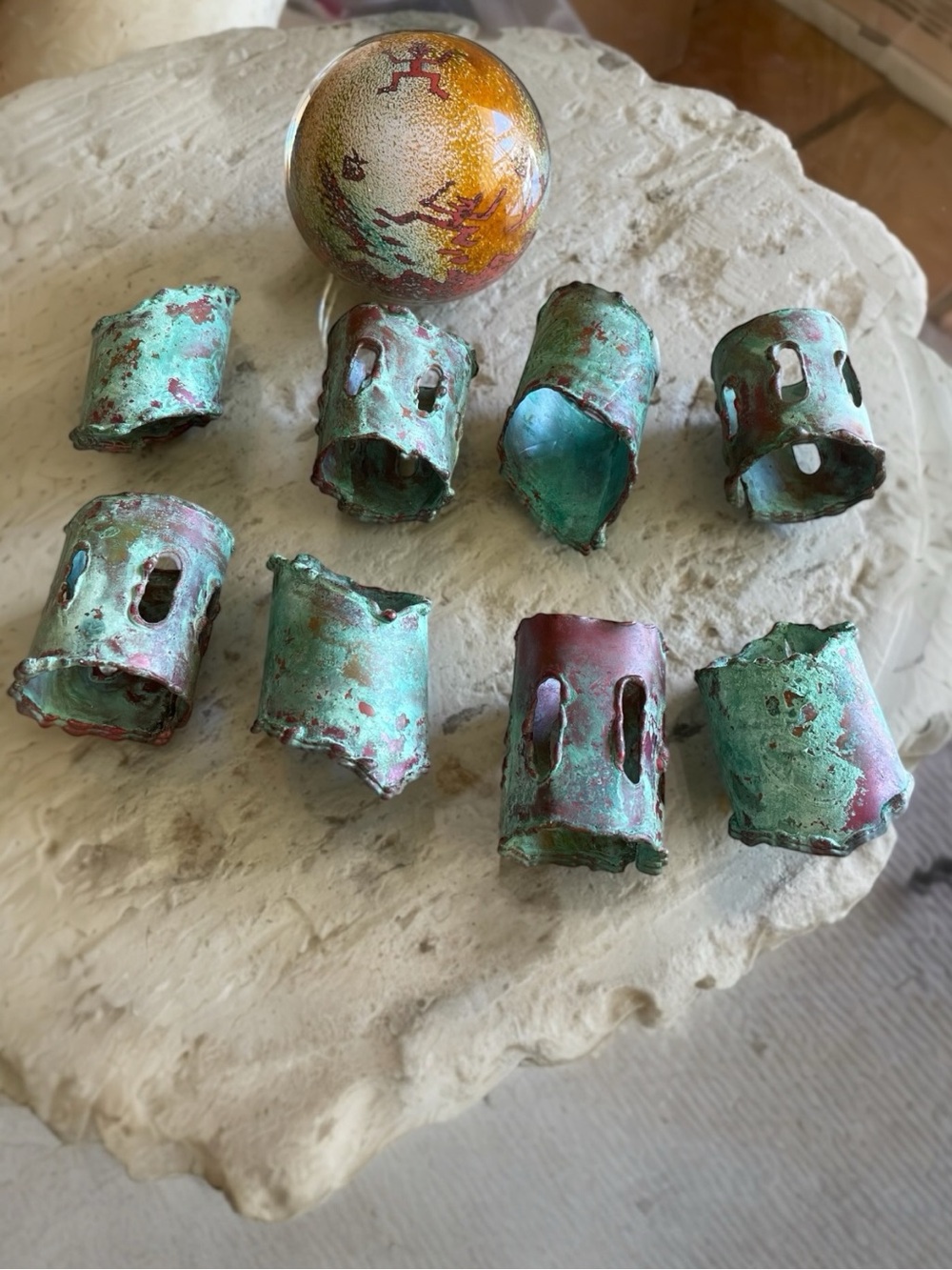 Mid-Century Brutalist Brass & Verdigris Patina Napkin Rings – Set of 8